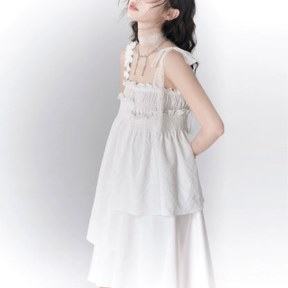 White Litchi Rose Romantic Splicing Sling Dress