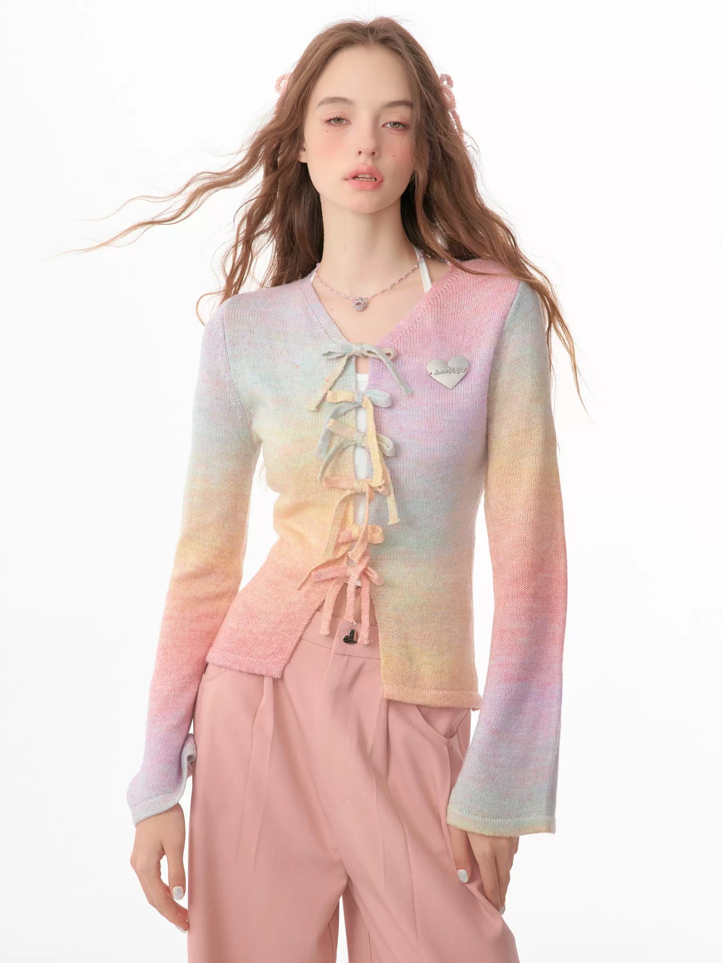 Gradient Bow Cardigan | Slim Fit Retro Design for Spring/Autumn