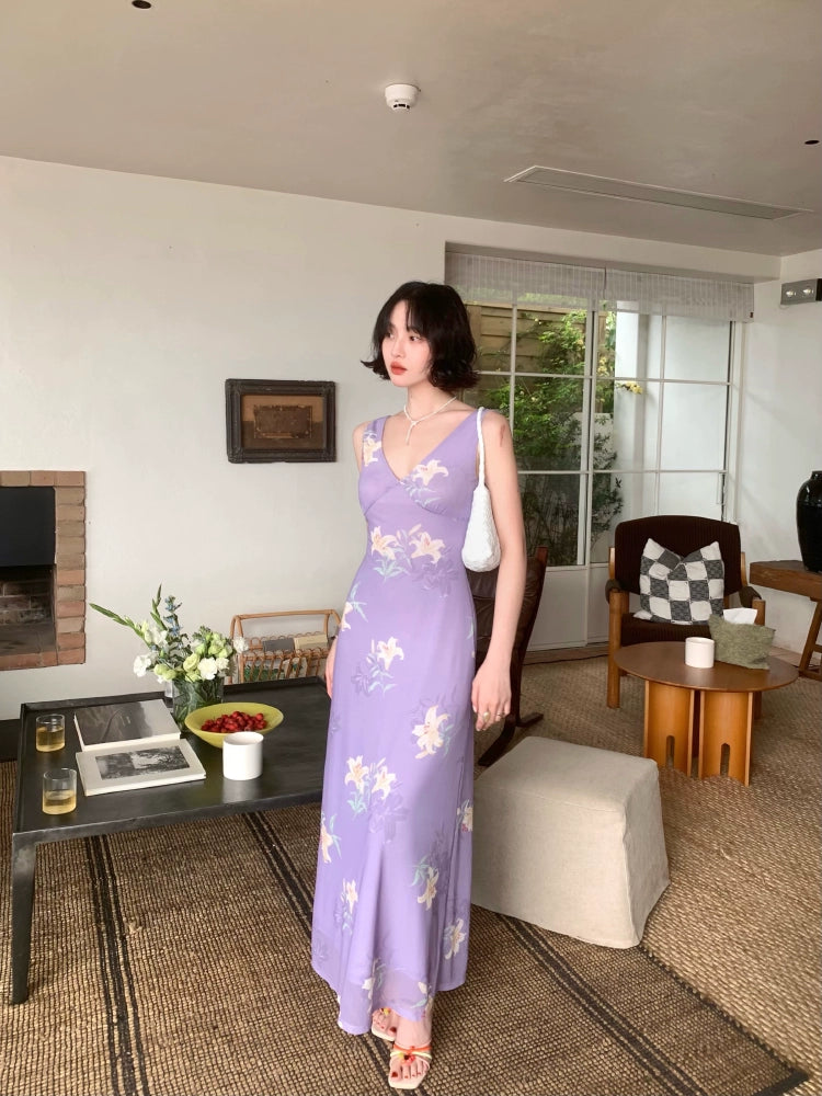 [Yarn Lily] French Vintage Purple Print Slip Maxi Dress