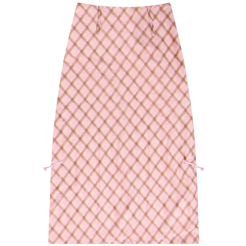 Checkered Fish Tail Skirt | Retro Pink Brown Slim Fit for Autumn/Winter