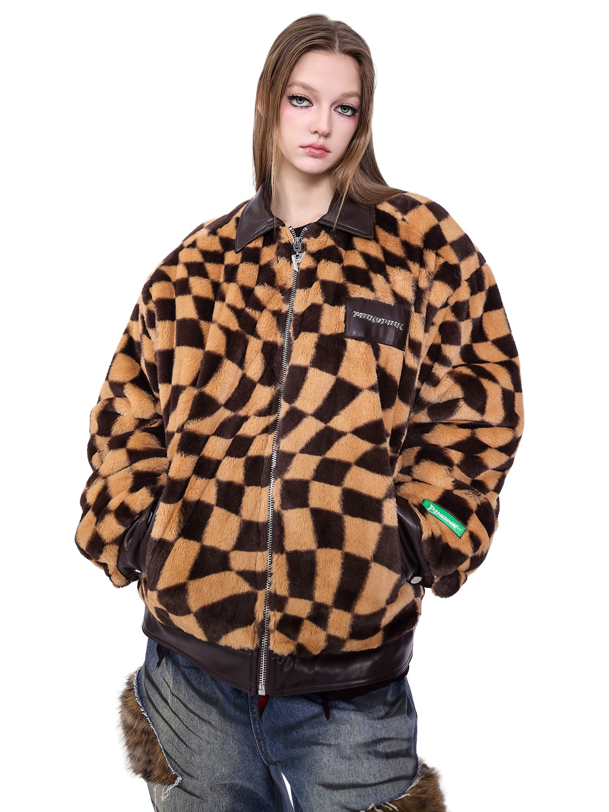 Twisted Checkerboard Plush Panels Chic Fur Coat