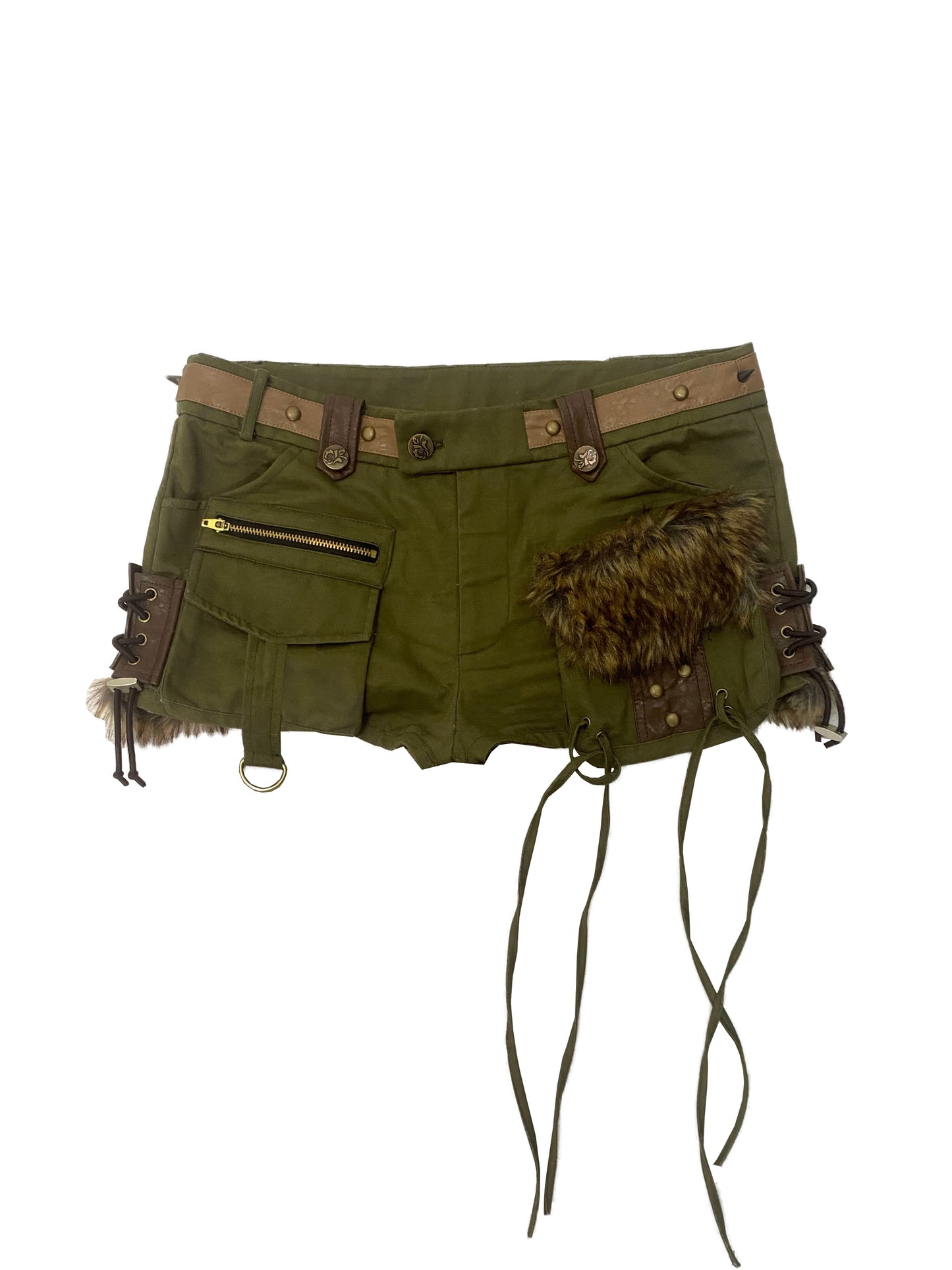 Punk Army Green Multi Pocket Raw Edge Denim Shorts