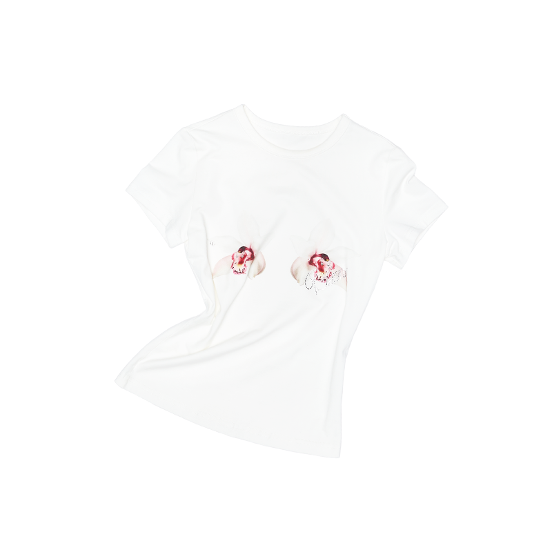 Floral Rhinestone Short Sleeve T-Shirt – Slim Stretch Shoulder Fit