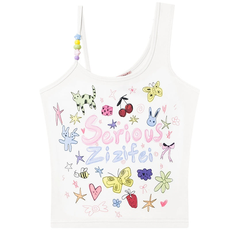 Cartoon Graffiti Beaded Tank Top | Strap Design for Summer