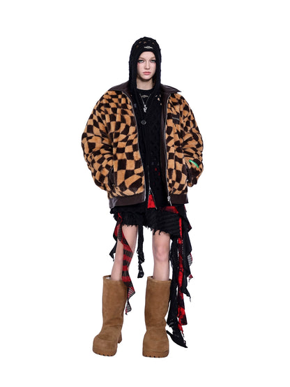 Twisted Checkerboard Plush Panels Chic Fur Coat