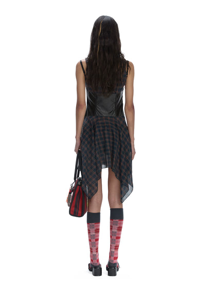 Leather Belted Plaid Dress | Irregular Thin Style for Date Parties