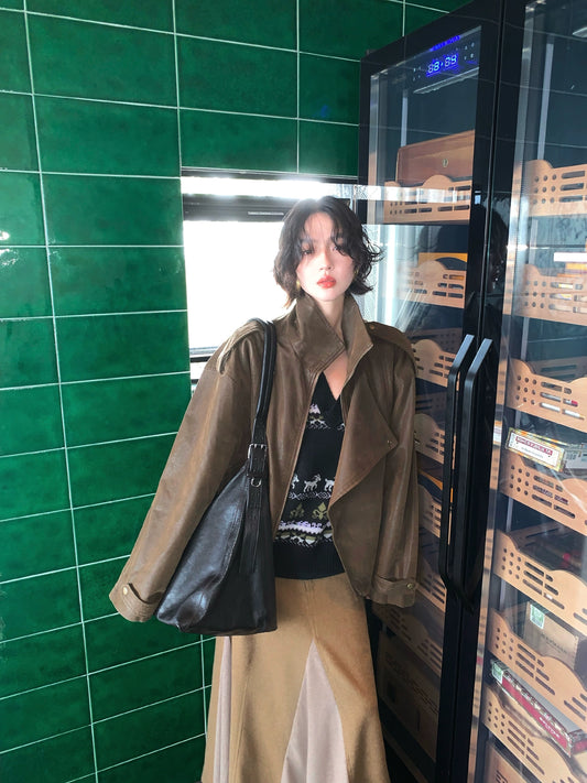 Distressed PU Leather Short Jacket – Hong Kong Retro 2025 Fall/Winter