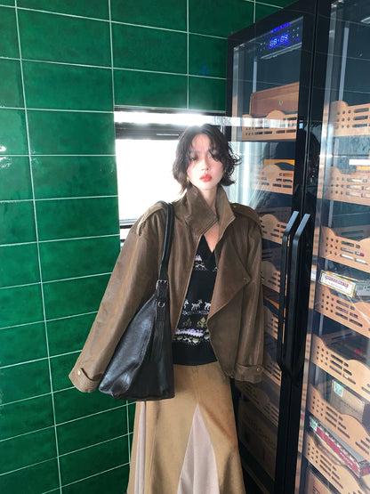 Distressed PU Leather Jacket – Wine Afternoon Hong Kong Retro Fall/Winter 2025