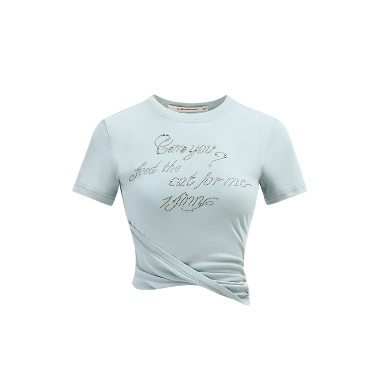 Pleated Waist Studded Crop T-Shirt – Slim Silhouette with Design Flair