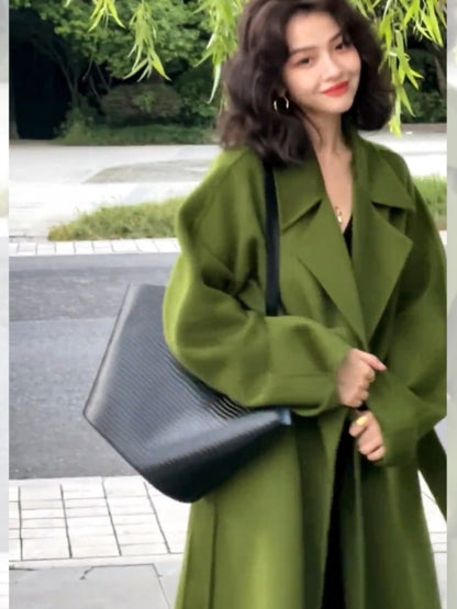Green Reversible Cashmere Coat – Hepburn-Inspired Midi Lapel Jacket