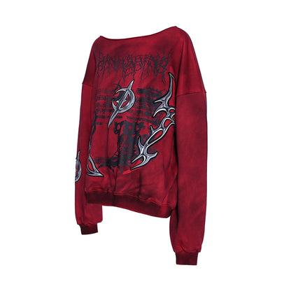 One-Shoulder 3D Embroidery Distressed Punk Y2K Sweatshirt