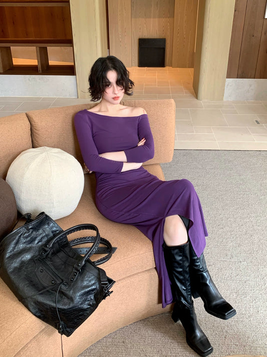 Pearl Girl Asymmetric Off-Shoulder Waist-Gathered Maxi Dress – Autumn Chic