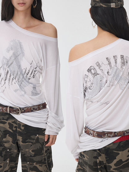 Knight Horse Rhinestone Off-Shoulder Top