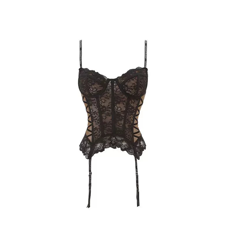 Romantic Lace Corset Top – Boning Structure with Underwire & Sheer Suspender Style