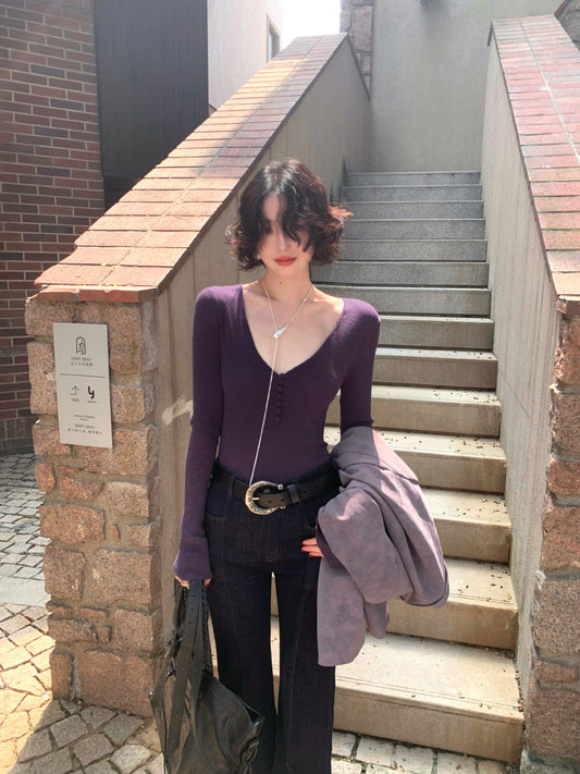 Wine Afternoon Hong Kong Retro V-Neck Slim Knit