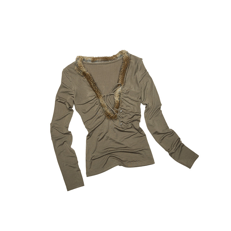 Raw Edge Panel V-Neck Knit Top – Slim Long Sleeve Base Layer