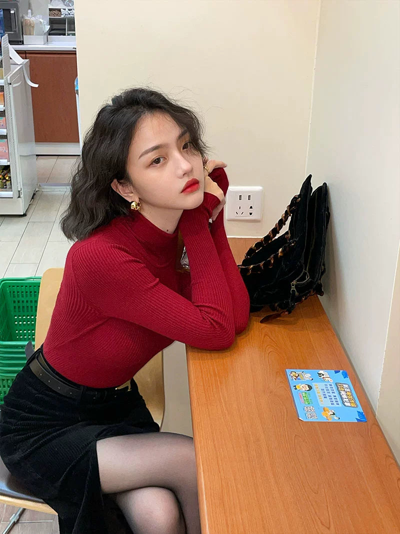 Turtleneck Fitted Knit Top – Classic Long Sleeve Base Layer