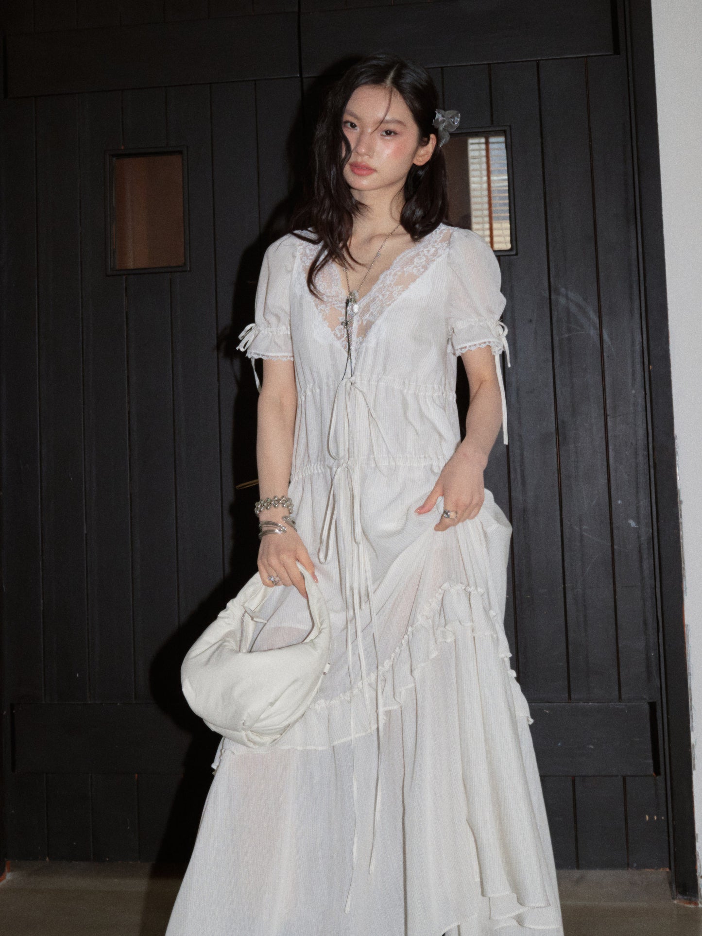 Deep V Striped Tie-Waist Dress | Minimal Romantic White Dress