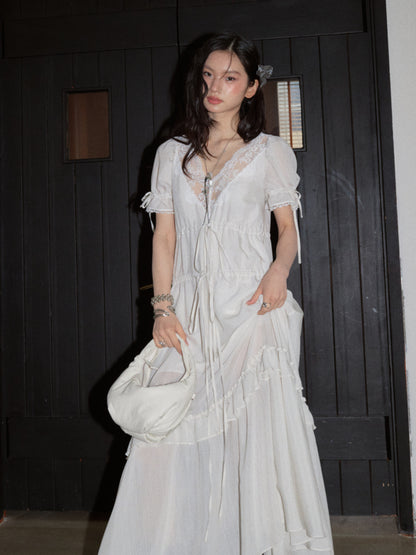 Deep V Striped Tie-Waist Dress | Minimal Romantic White Dress