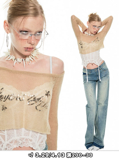 Yoo Ji-min Inspired One-Shoulder Knit Cutout Blouse – Slightly Sheer Crop