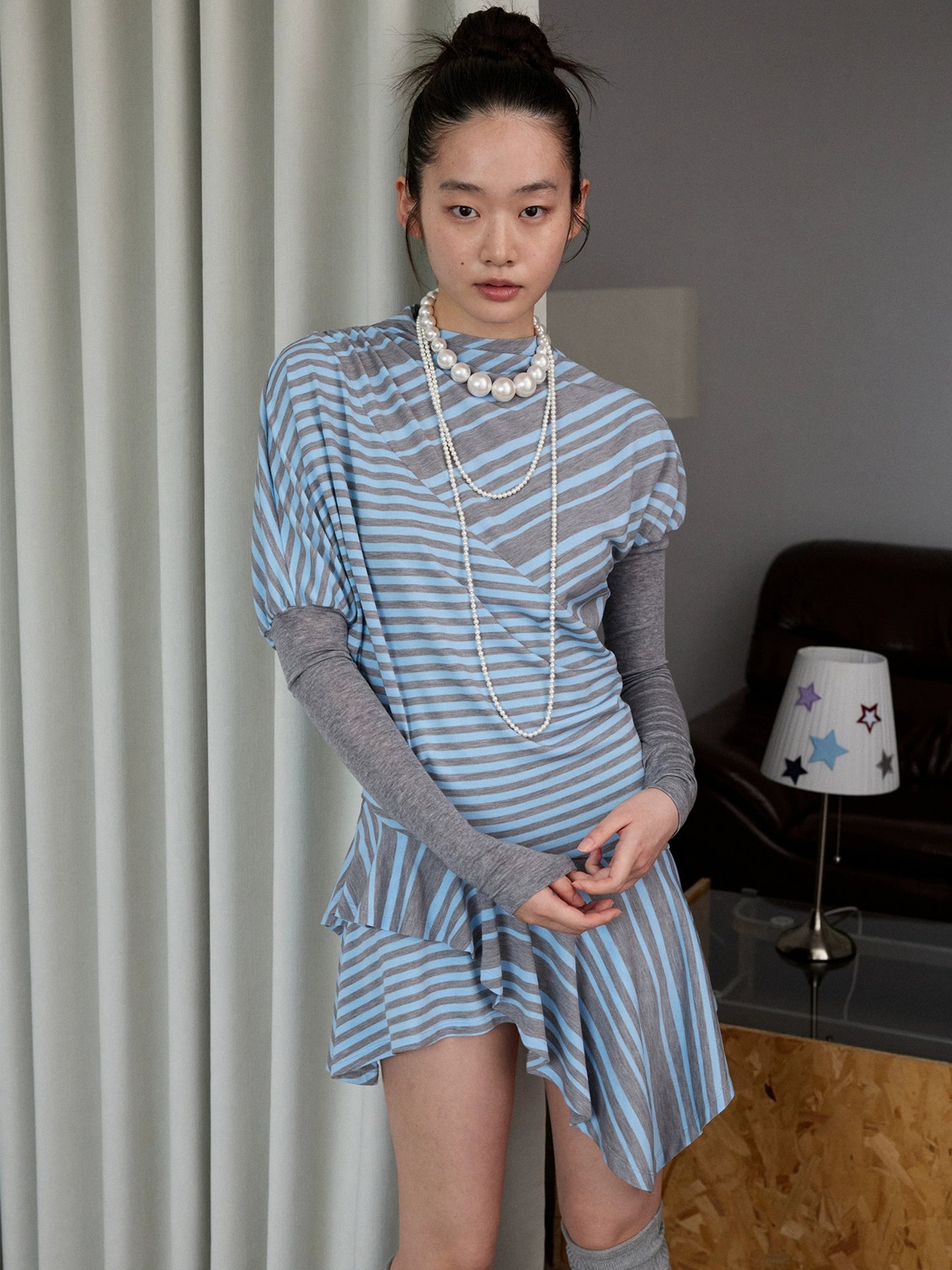 1JINN STUDIO blue and gray striped irregular patchwork long sleeve dress women's contrast puff sleeve design sense