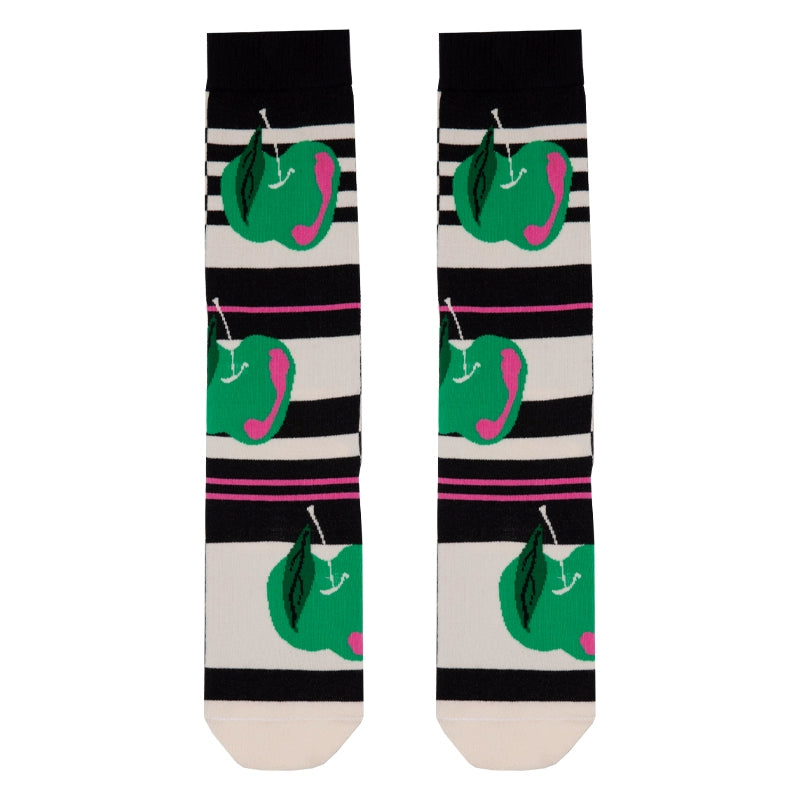 Black and White Stripe & Green Apple Socks