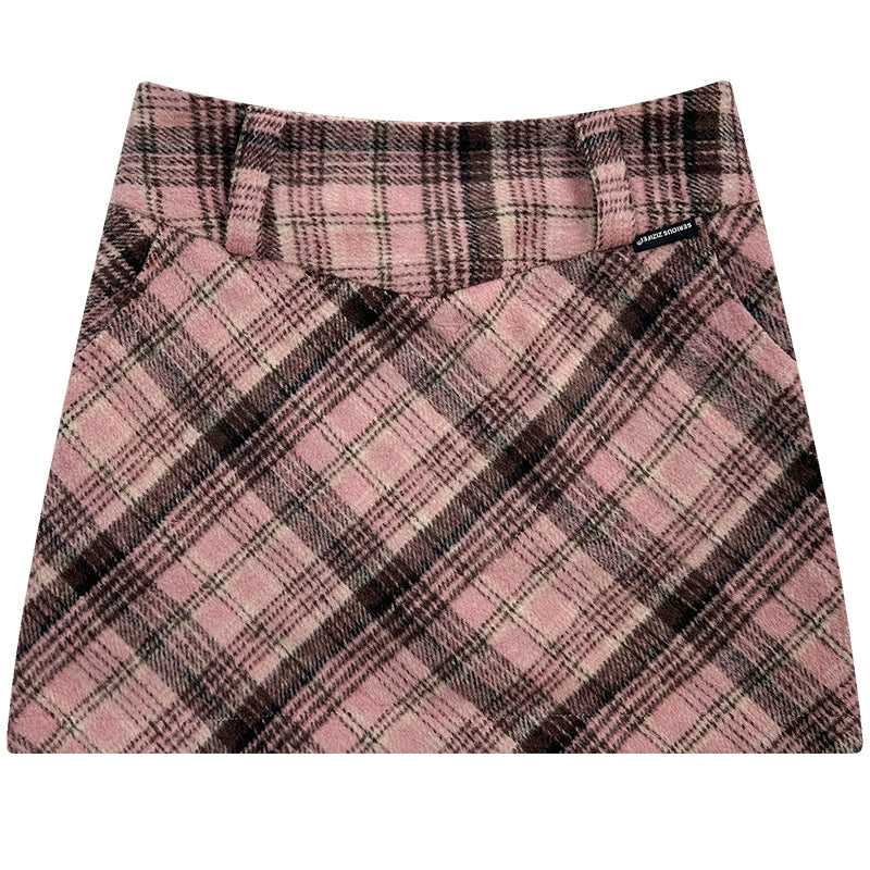 Jupe en laine rose noir | Taille haute Slim Fit Retro Checkered Design