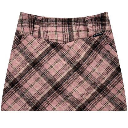 Black Pink Wool Skirt | High Waist Slim Fit Retro Checkered Design