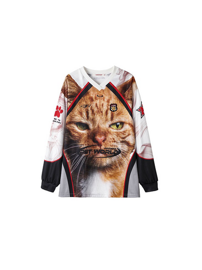 Big Cat Face Print Satin Long Sleeve – American Street V-Neck Sports Tee