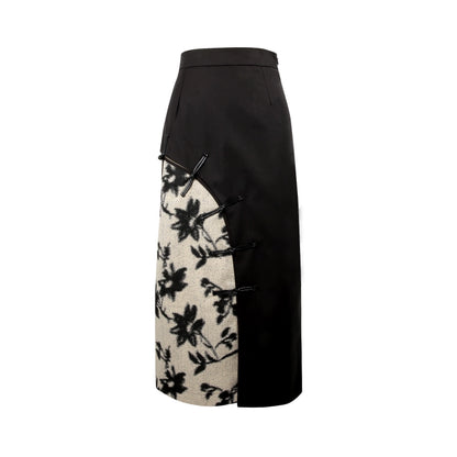 New Chinese Style Leather Buckle Jacquard Black Skirt