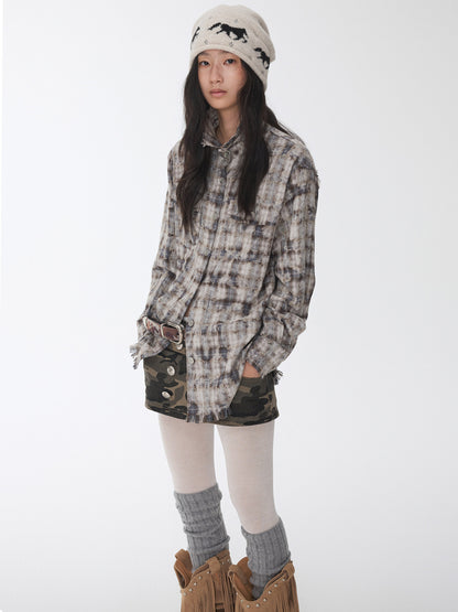 Distressed Plaid Shirt Jacket
