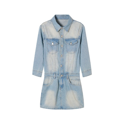 [90s High Beauty Hot Girl] Short Denim Dress - Heavy Industry Collar Style