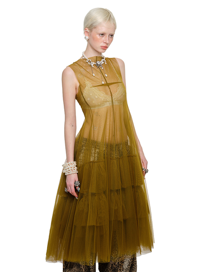 Sheer Layered Mesh Dress – Sleeveless Puffy Outer Skirt Look