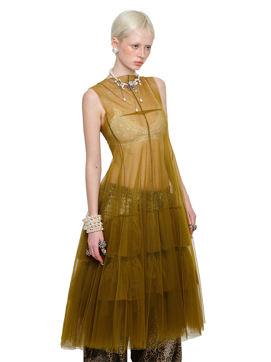 Sheer Layered Mesh Dress – Sleeveless Puffy Outer Skirt Look