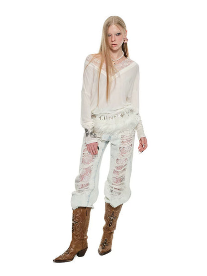 V-Neck Faux Two-Piece Lace Blouse – Loose Midi Cover-Up Top