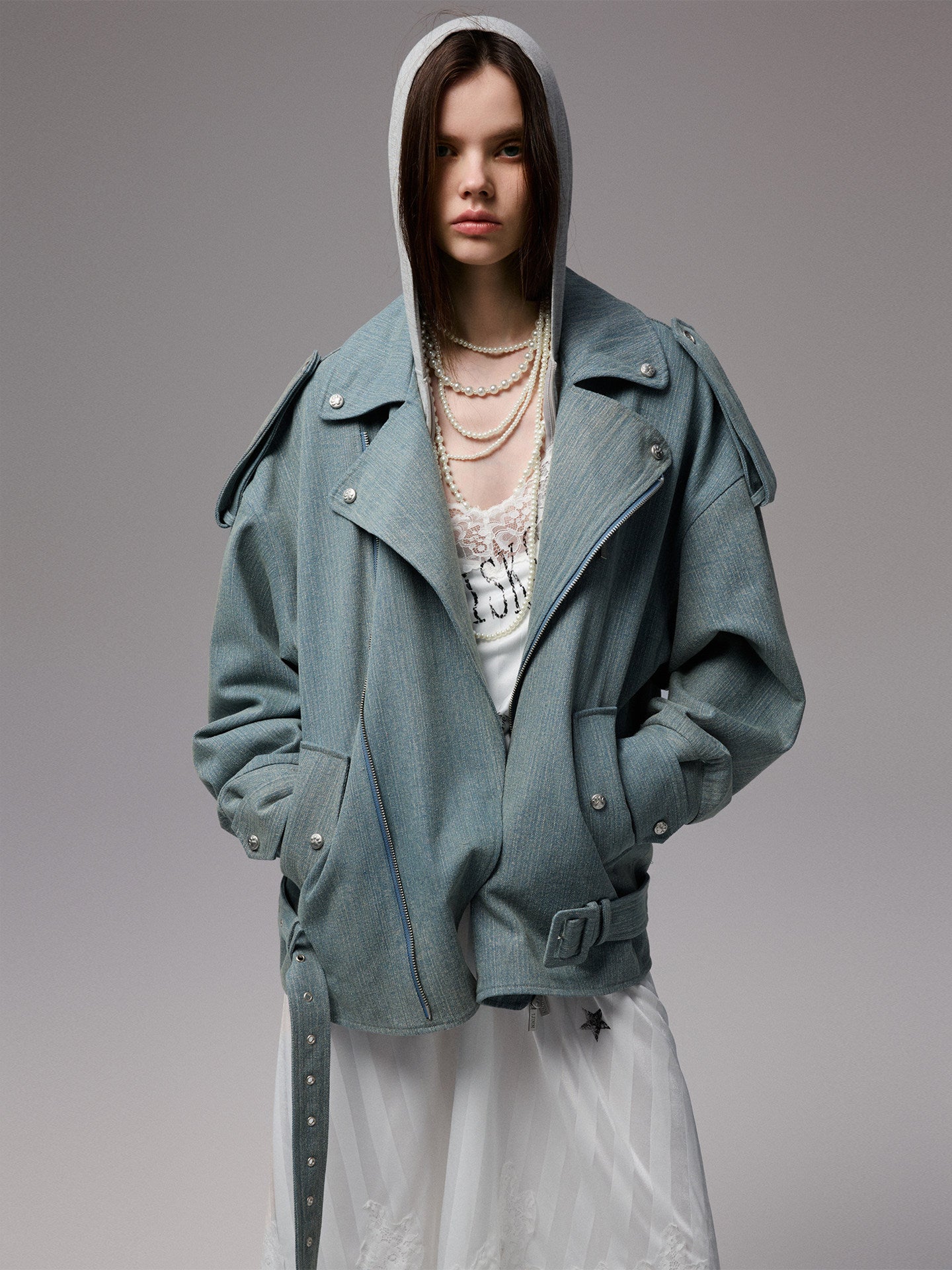 Washed Denim Biker Jacket