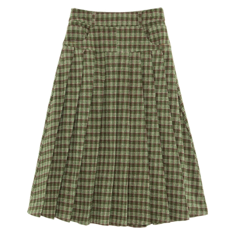 Yellow Green Plaid Mid-Length Pleated Skirt