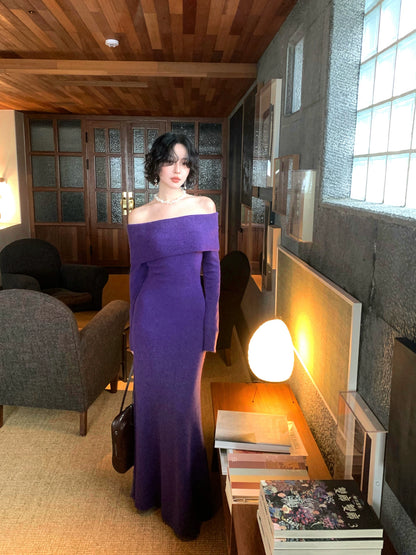 Purple Wind Chime One-Shoulder Mermaid Dress – Retro Autumn/Winter 2025