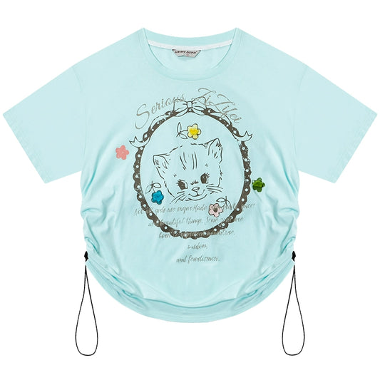 Cat Print Drawstring T-shirt | Loose Round Neck Retro Design for Summer