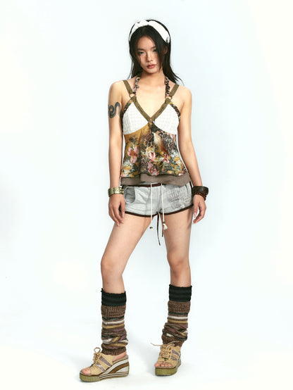 Floral Leopard Strap Panel Top – Feather Accent Look