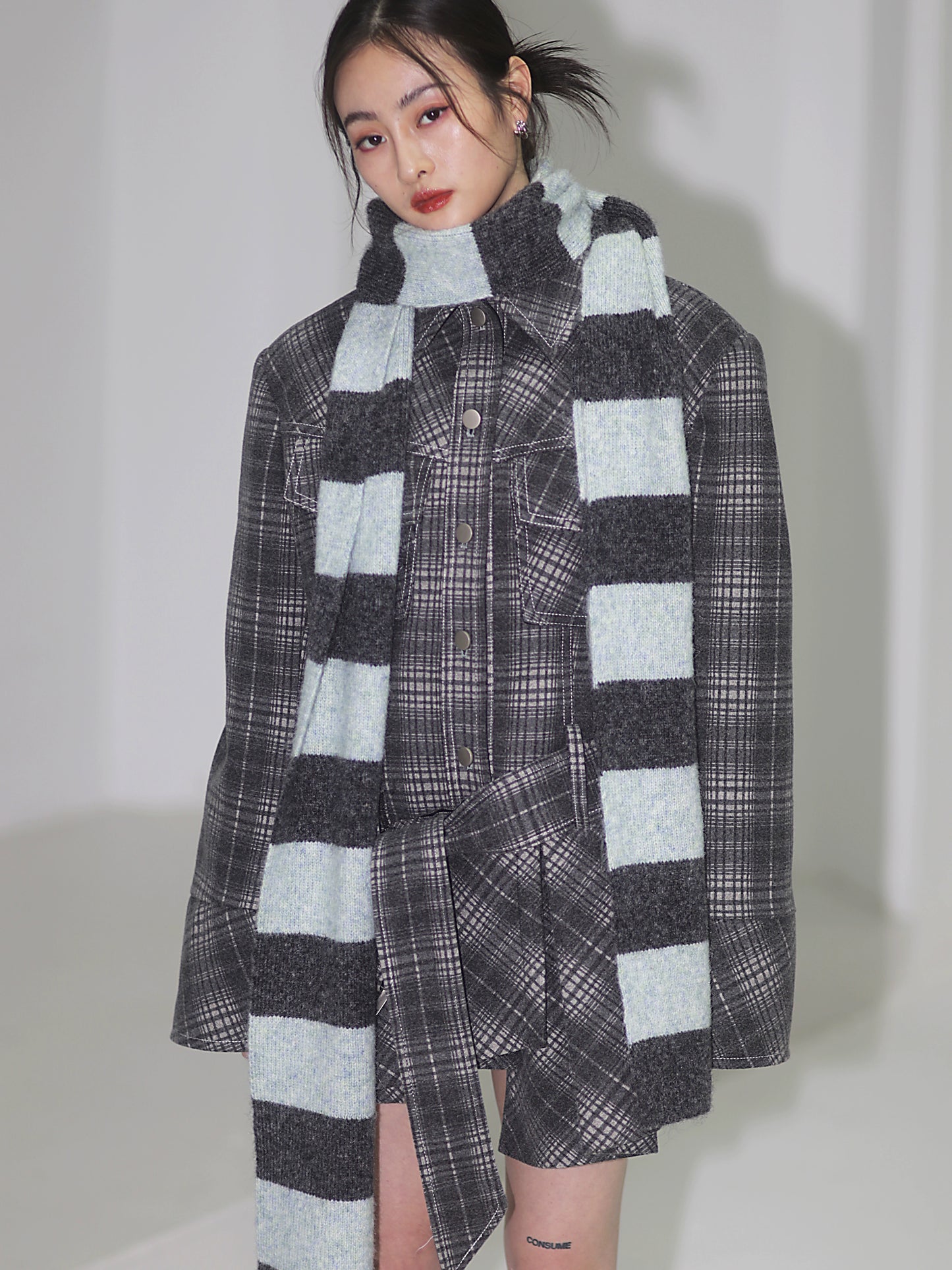 Pleated Skirt Plaid Woolen Work Jacket