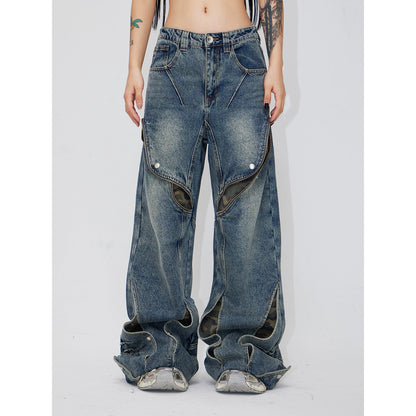 Deconstructs Hollow Out Camuflage Patchwork Jeans con diseño de nicho en angustia retro, pantalones de piernas anchas sueltas
