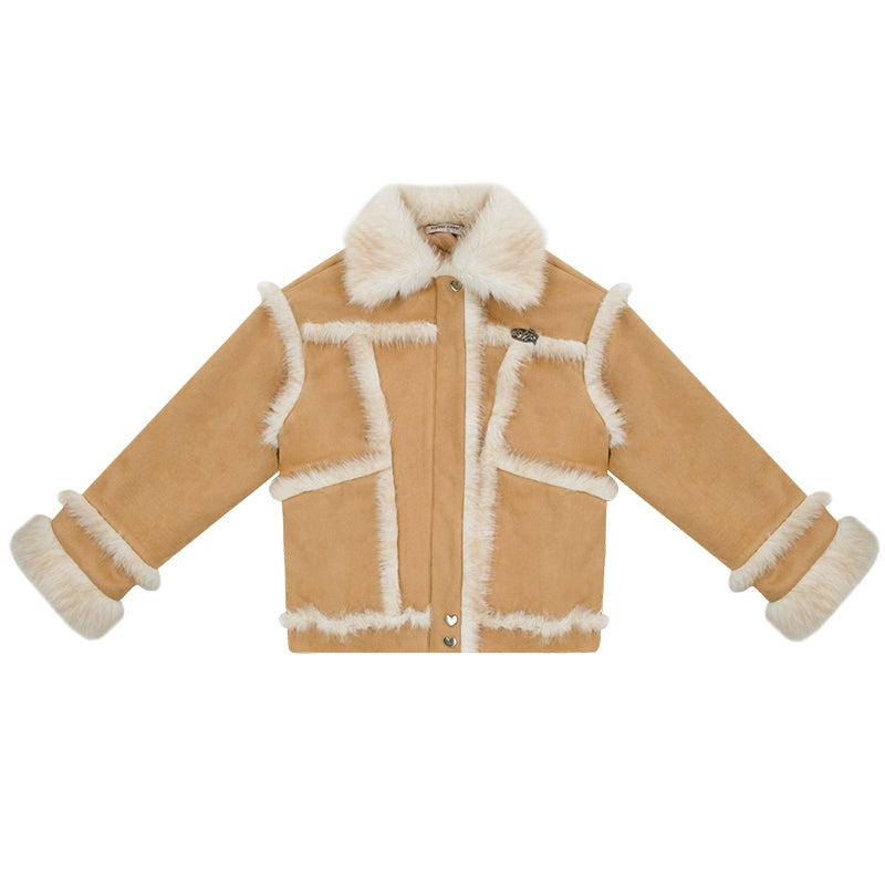 Fur Splicing Suede Coat | Retro Sheepskin Collar Thick Velvet Design for Autumn/Winter