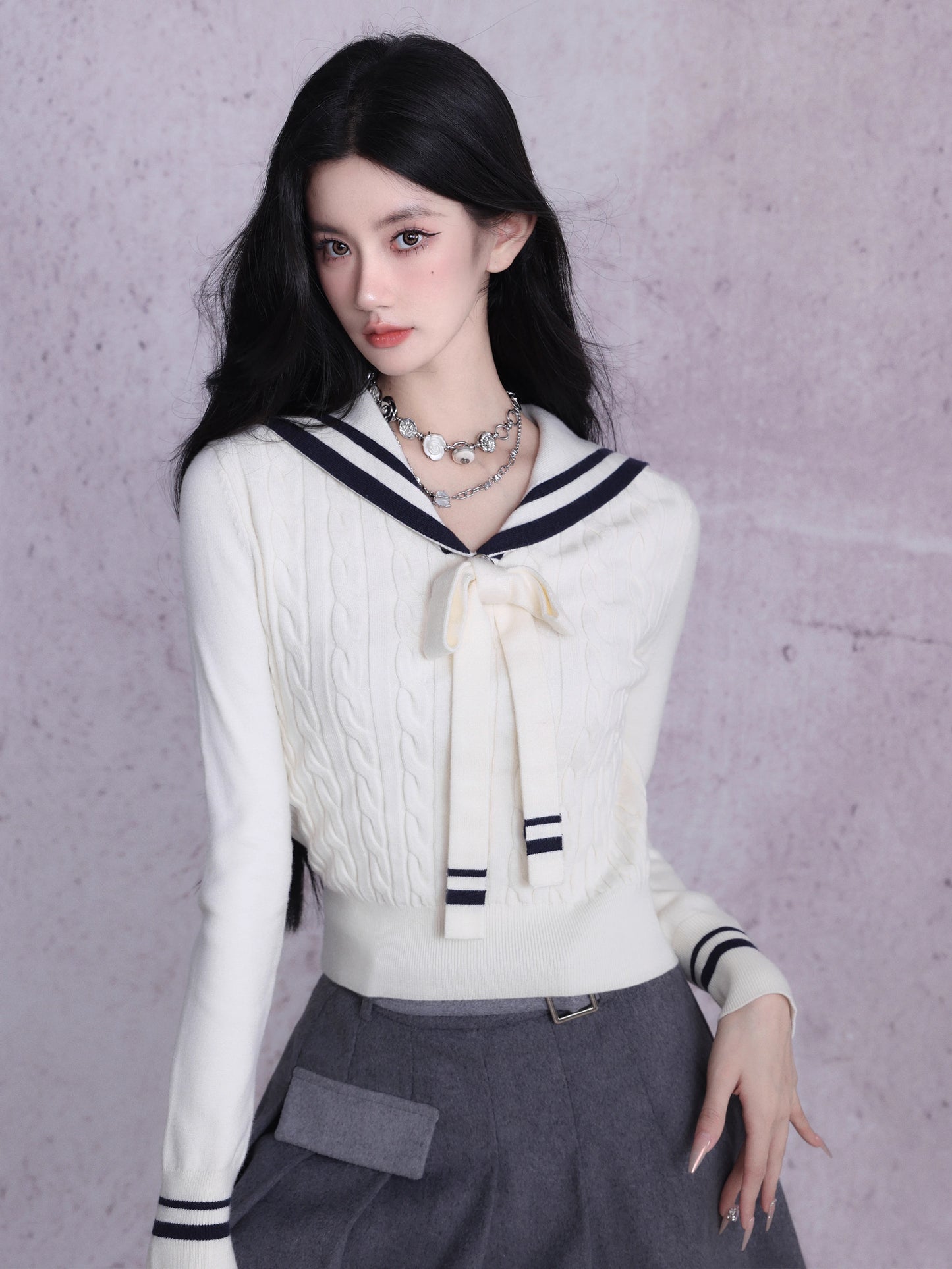 Navy Collar Knit Shirt with Lace-Up Top