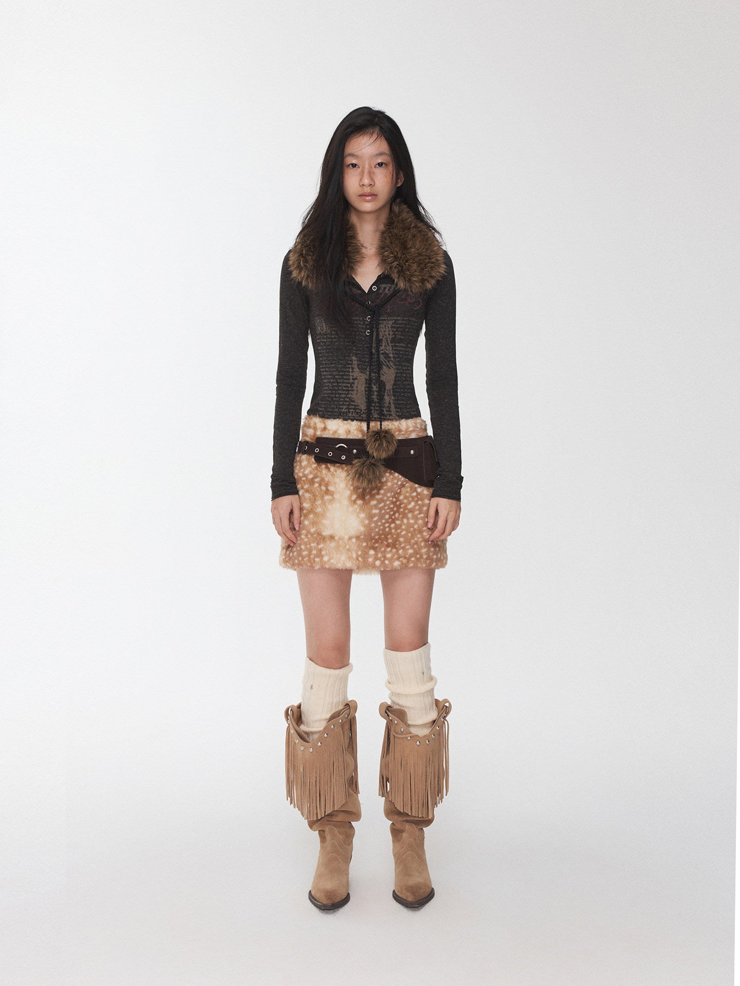 Fawn Print Faux Suede Skirt