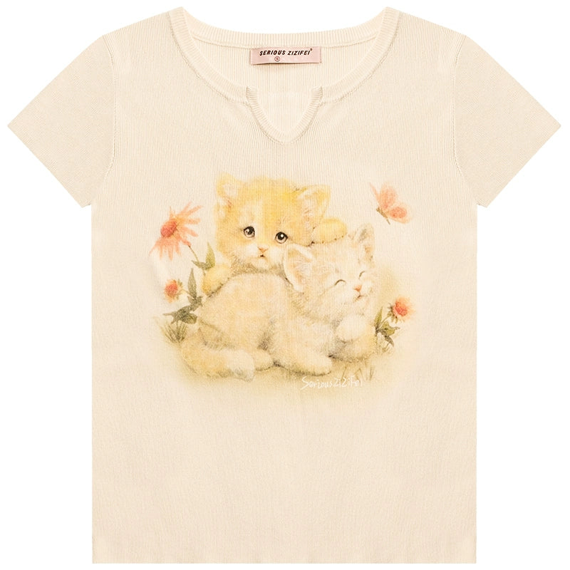 Cat Print U-Neck Knit T-shirt | Slim Fit Retro Short Sleeve Design for Summer