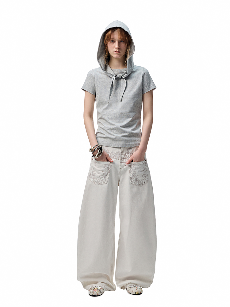 Distressed Mud-Dyed Low-Rise Scimitar Jeans – Wide-Leg Banana Pants