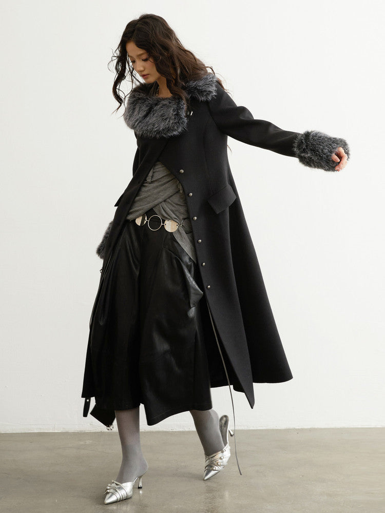 Asymmetrical Fur Collar Wool Coat | Retro Romantic Long Jacket