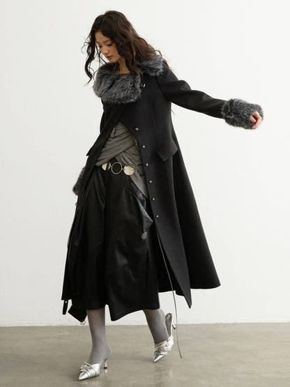 Asymmetrical Fur Collar Wool Coat | Retro Romantic Long Jacket
