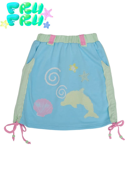 Blue Dolphin Print Mini Skirt | Cute Y2K Colorblock Skirt